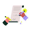 © Creattie - Signing document, hands holding pens in flat vector illustration symbolizing agreement, contract, legal deal, and business negotiation.