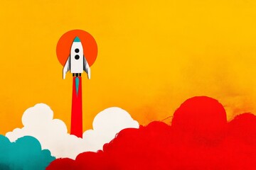 A colorful rocket ascends against a vibrant yellow background, surrounded by clouds, symbolizing exploration and innovation.