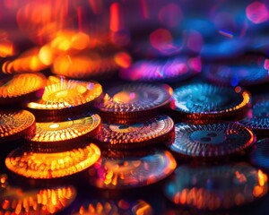 A vibrant close-up of shiny coins with a colorful, blurred background, highlighting the texture and reflections for an eye-catching visual effect.