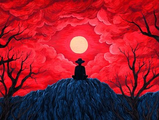 Silhouette of a person meditating on a mountain under a red sky with a glowing sun.