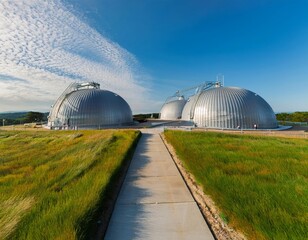 Three large silver biogas domes with ribbed metallic surfaces stand in a row along a dirt road, surrounded by green agricultural fields