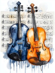 Two artistic violins over a background of sheet music.