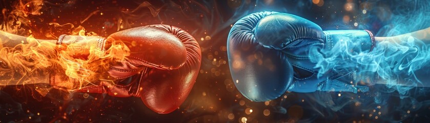 Two boxing gloves, one red and one blue, clash in a fiery display, symbolizing competition and intensity.