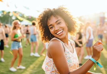 Young woman enjoying a lively outdoor music festival in the evening sun, filled with energy and celebration amidst a crowd of people