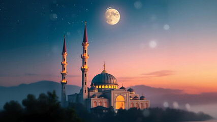 Realistic ramadan background with mosque moon stars lantern and bokeh. Generative AI.