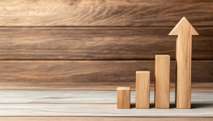 Wooden Table with Upward Arrow and Wood Blocks Graph Chart