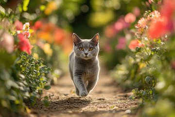 Poster - Cute cat running between the flower rows in the park