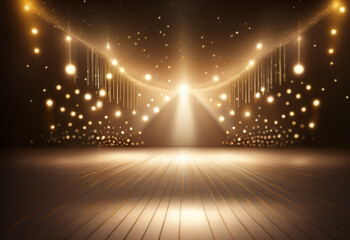 Wall Mural - a spotlight shines brightly on a wooden stage, surrounded by a cascade of glowing orbs and sparkling