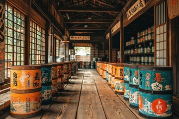 Wall Mural - Row of Vintage Japanese Barrels in a Traditional Wooden Building