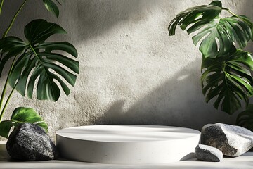 Product display with natural concept, Cylinder shape, White marble texture, Monstera leaf, 3D Rendering.