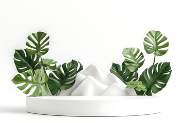 Product display with natural concept, Cylinder shape, White marble texture, Monstera leaf, 3D Rendering.