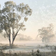 Wall Mural - Misty Morning Landscape with Trees and Grass.