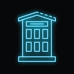 Poster - Glowing neon line building icon isolated on black background for your design, concept of architecture and city
