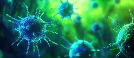 Poster - Microscopic view of viruses, vibrant colors, intricate details, scientific imagery
