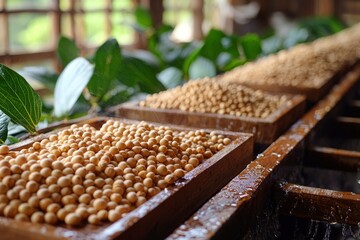 Soybeans in Wooden Troughs with Water Droplets