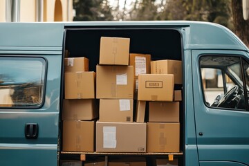 A delivery van packed with cardboard boxes, ready to start the daily route, symbolizing transport and commerce