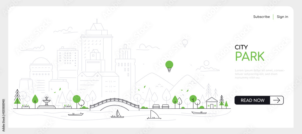 City park - modern thin line design style vector banner on white urban ...