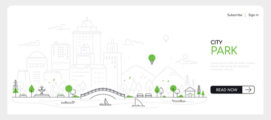 city park - modern thin line design style vector banner on white urban background. composition with 