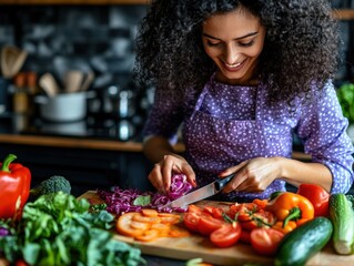 A woman with curly hair is efficiently slicing various fresh vegetables on the kitchen counter, embodying culinary skills and the joy of preparing healthy meals.