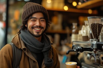 Wall Mural - A barista making coffee behind the counter of a trendy coffee shop, with customers waiting 