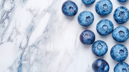 Wall Mural - Blueberries arranged in a row on a white marble surface with space for text.