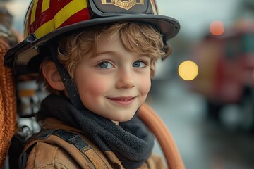 Wall Mural - A boy in a firefighter costume, holding a toy fire hose, standing proudly in front of a toy fire truck 