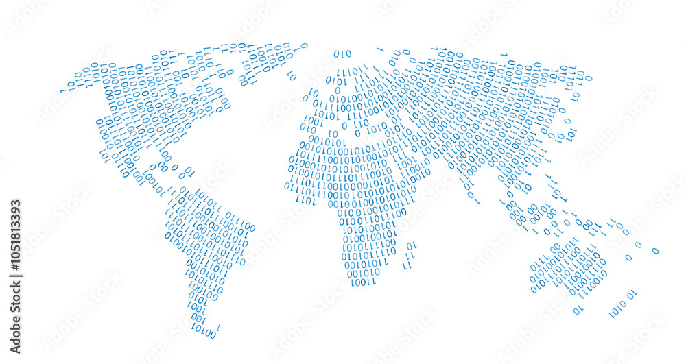 World Map Shown in Binary Code Pattern. blue circle Matrix numbers ...