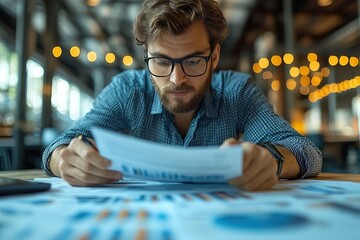 A business professional reviewing financial documents in a high-tech office with modern decor 