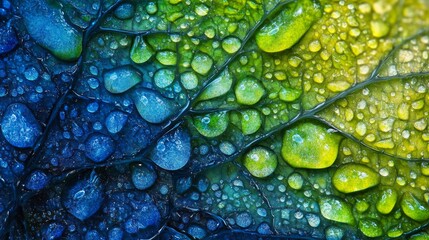 Wall Mural - Close-up of a green and blue leaf with water droplets.