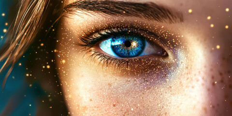 A woman's eye is surrounded by a glittery effect