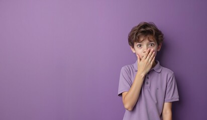 Boy with surprised expression covering mouth against purple background with copy space