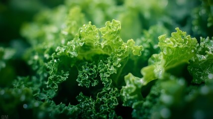 Wall Mural - Close-up shot of fresh green lettuce leaves with water droplets.