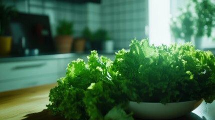 Wall Mural - Fresh green lettuce leaves in a white bowl on a wooden table in a kitchen.