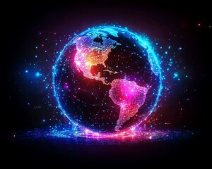 Poster - 3D Earth globe with interconnected digital data blocks, illuminated virtual connections, modern technology design, bright neon colors, immersive global network