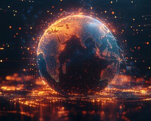 Poster - 3D Earth globe with interconnected digital data blocks, illuminated virtual connections, modern technology design, bright neon colors, immersive global network