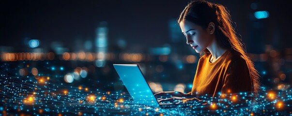 Poster - Asian data protection specialist in modern server environment, laptop in hand, cyber security and cloud network concept, AIdriven technology visuals, sleek professional lighting