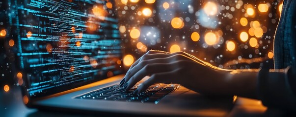 Poster - Asian data protection specialist in modern server environment, laptop in hand, cyber security and cloud network concept, AIdriven technology visuals, sleek professional lighting
