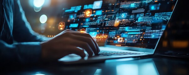 Poster - Asian data protection specialist in modern server environment, laptop in hand, cyber security and cloud network concept, AIdriven technology visuals, sleek professional lighting
