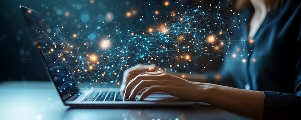 Poster - Asian data protection specialist in modern server environment, laptop in hand, cyber security and cloud network concept, AIdriven technology visuals, sleek professional lighting
