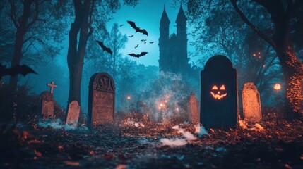 A spooky graveyard with a church in the background, lit by lanterns and with bats flying overhead.