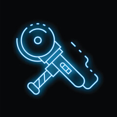 Poster - Glowing neon line electric angle grinder cutting steel metal icon isolated on black background. Industrial tool icon. Vector illustration