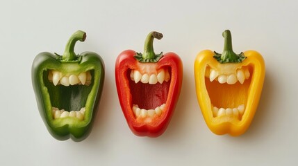 Wall Mural - Three bell peppers with scary teeth and open mouths, arranged in a row on a white background.