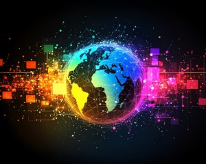 Poster - Digital Earth globe surrounded by colorful data blocks and virtual connection lines, vibrant techinspired background, modern design, immersive global network