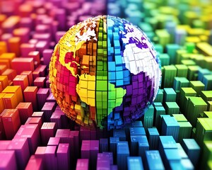 Poster - Digital Earth globe surrounded by colorful data blocks and virtual connection lines, vibrant techinspired background, modern design, immersive global network