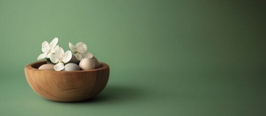 Poster - Wooden bowl with flowers and stones, minimalist design, soft colors