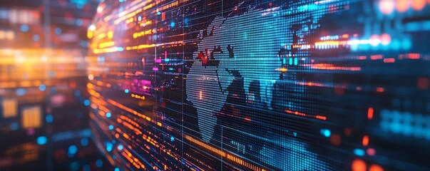 Poster - Earth globe surrounded by digital data blocks, glowing virtual connections, futuristic technology theme, vibrant colors, hightech atmosphere, global network representation