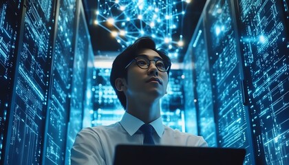 Poster - Portrait of Asian cyber security specialist in modern server room, laptop in hand, cloud service data protection, digital interface with AI network, focused and professional