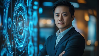 Poster - Portrait of Asian cyber security specialist in modern server room, laptop in hand, cloud service data protection, digital interface with AI network, focused and professional