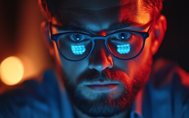 Poster - Portrait of developer working on laptop, cybersecurity bug interface visuals, glowing red and blue digital alerts, dark modern workspace, intense atmosphere