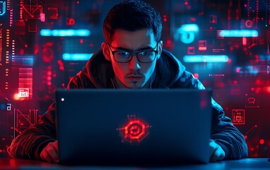 Poster - Portrait of software developer analyzing laptop, surrounded by cybersecurity bug icons and alerts, digital interface, dark tech setting, intense blue and red glow